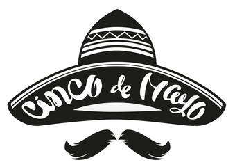 Cinco de Mayo. Mexican wide brimmed hat sombrero. Lettering text header for greeting card