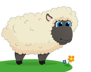 Cute cartoon sheep with flower.Vector illustration. 