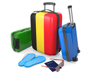 Travel luggage items and accessories for a vacation to or from Belgium, 3D rendering