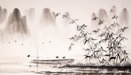 Chinese landscape ink painting - obrazy, fototapety, plakaty