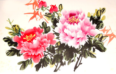 Chinese peony ink drawing - 109009882