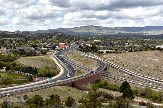 Prescott, Arizona, USA - April 25, 2016 View Of Highway 69 Intersecting Highway 89 In Prescott, Arizona With Mountain And Town In The Background