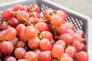Close up red grapes in a basket.