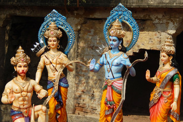 Idols of Hindu gods Rama ,laxmana, goddess sita in rath yatra on sri rama navami festival 
 - obrazy, fototapety, plakaty