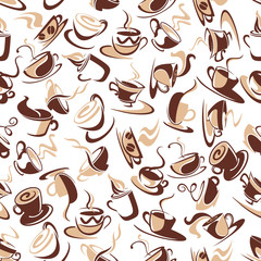 Seamless pattern of brown coffee cups with beans