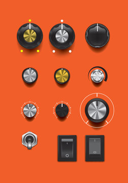 Set of realistic music control knobs and buttons with scales