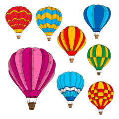 Hot air balloons colorful sketches in retro style