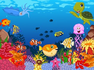 funny sea life cartoon swimming with beauty coral and underwater background