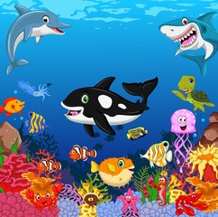 funny sea life cartoon swimming with beauty coral and underwater background