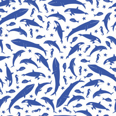 Background sea animals. Background set blue ocean or sea animals. Background marine mammals and fish sea animals. Background vector set of marine or sea animals.