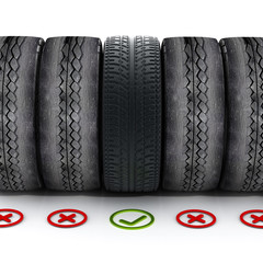New car tire with green check mark standing out among old tires