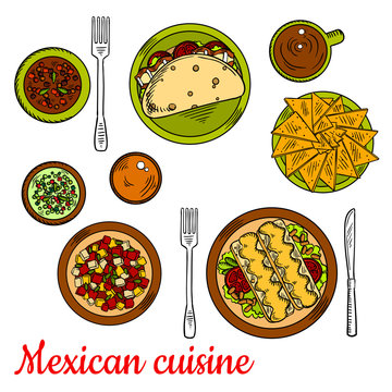 Mexican cuisine icon with taco, nachos, enchiladas
