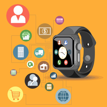 A black smart watch with time, calls, mail, contacts, battery and weather info icons on the display panel on an orange background, digital vector image