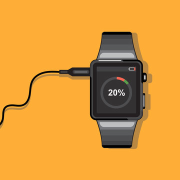 A black smart watch connected to a wire with battery status info icons on the display panel on an orange background, digital vector image