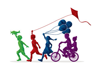 Children running, Friendship designed using colorful grunge brush graphic 