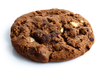 Single dark chocolate chip cookie isolated on white. - obrazy, fototapety, plakaty