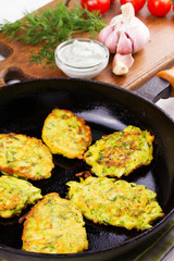 Zucchini Pancakes With  Sour Cream in Pan