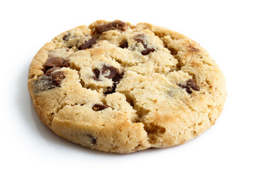 Single light chocolate chip cookie isolated on white. - obrazy, fototapety, plakaty