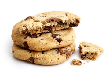 Stack of three light chocolate chip cookies isolated. One broken - obrazy, fototapety, plakaty