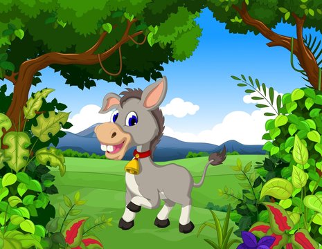 donkey cartoon posing with landscape view background