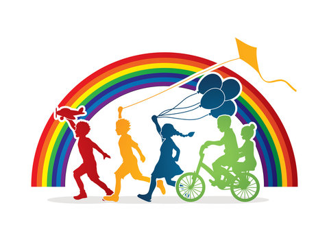 Children running, Friendship on line rainbows background graphic 
