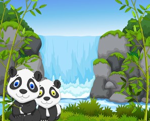 panda cartoon sitting with waterfall and landscape view background