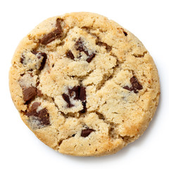 Light chocolate chip cookie isolated on white from above.