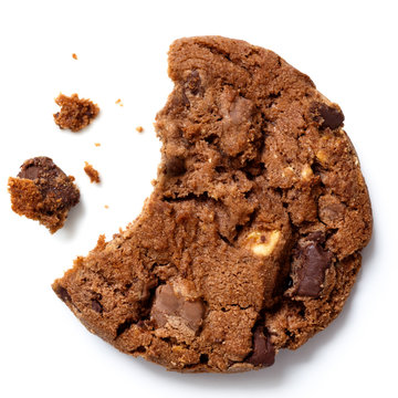 Dark Brown Chocolate Chip Cookie, Bite Missing With Crumbs From