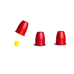 Magic cups game with three stainless red cups and yellow ball set, 3d Vector illustration.