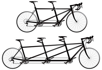 Tandem bicycle, twin and triples or triplet realistic vector illustration