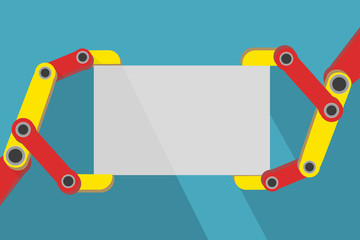 Robot hand holding blank sign with space for text.