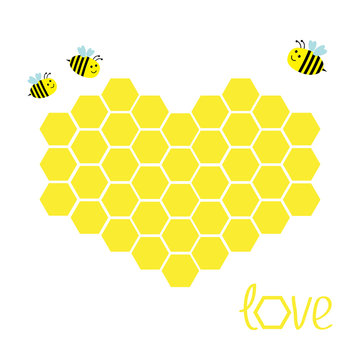 Yellow honeycomb set in shape of heart. Beehive element. Honey icon. Love greeting card. Isolated. White background. Flat design.