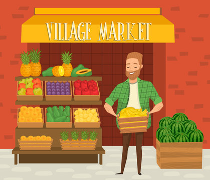 Farmers market. Local farmer shopkeeper. Seller fresh vegetables.  Natural product. Village market. Food for a healthy lifestyle. Local shop. Vegetarian food. 