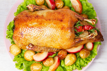 Roast duck with potato, apples, salad, thyme and rosemary. View From Above, Top Studio Shot