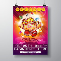 Vector Party Flyer design on a Casino theme with chips and dices on ocean landscape background.