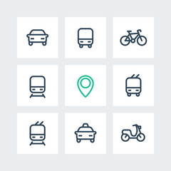 City and public transport icons on squares, public transportation vector icons, route, bus, subway, taxi, public transport pictograms, thick line icons isolated on white, vector illustration