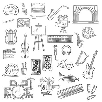 Entertainment and visual arts sketch icons
