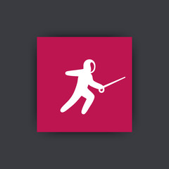 Fencing icon, attacking fencer with foil pictogram, flat square icon, vector illustration