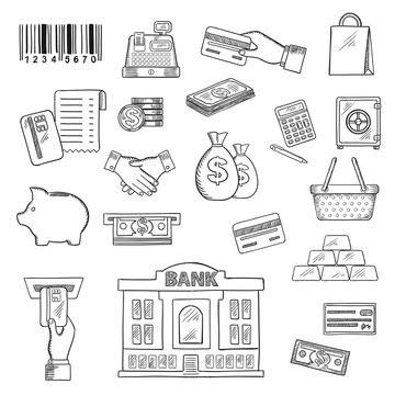 Money, banking services, shopping sketch symbols