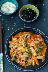 Chinese Cuisine - Pork with Vegetables Deep Fried in Sour-Sweet Sauce, Top View, Vertical