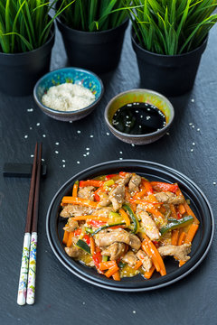 Chinese Cuisine - Pork with Vegetables Deep Fried in Sour-Sweet Sauce, Vertical View