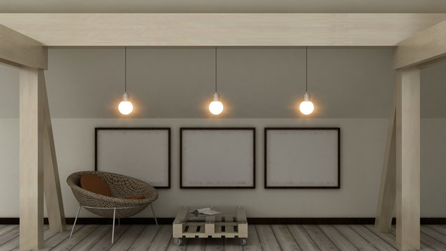 Empty picture frames on the loft in modern home cozy interior. Copy space image. 3d render.