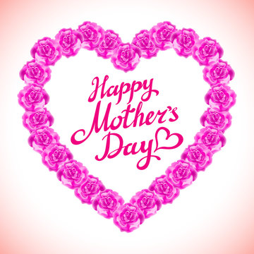 pink rose mother Day Heart Made of purple Roses Isolated on White Background. Floral heart shape vector background