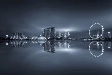 Deurstickers Helix Bridge Night City zwart-wit met reflecties