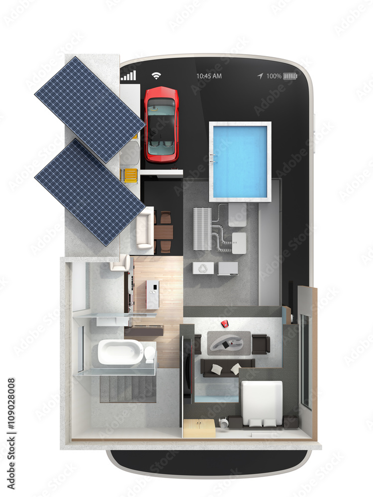 Aufkleber energy-efficient house equipped with solar panels, energy saving appliances on a smart phone. automa
