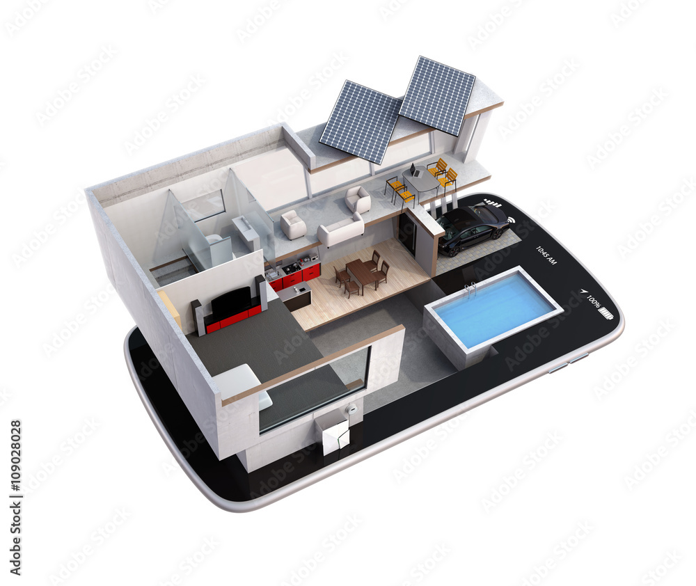 Poster energy-efficient house equipped with solar panels, energy saving appliances on a smart phone. automa