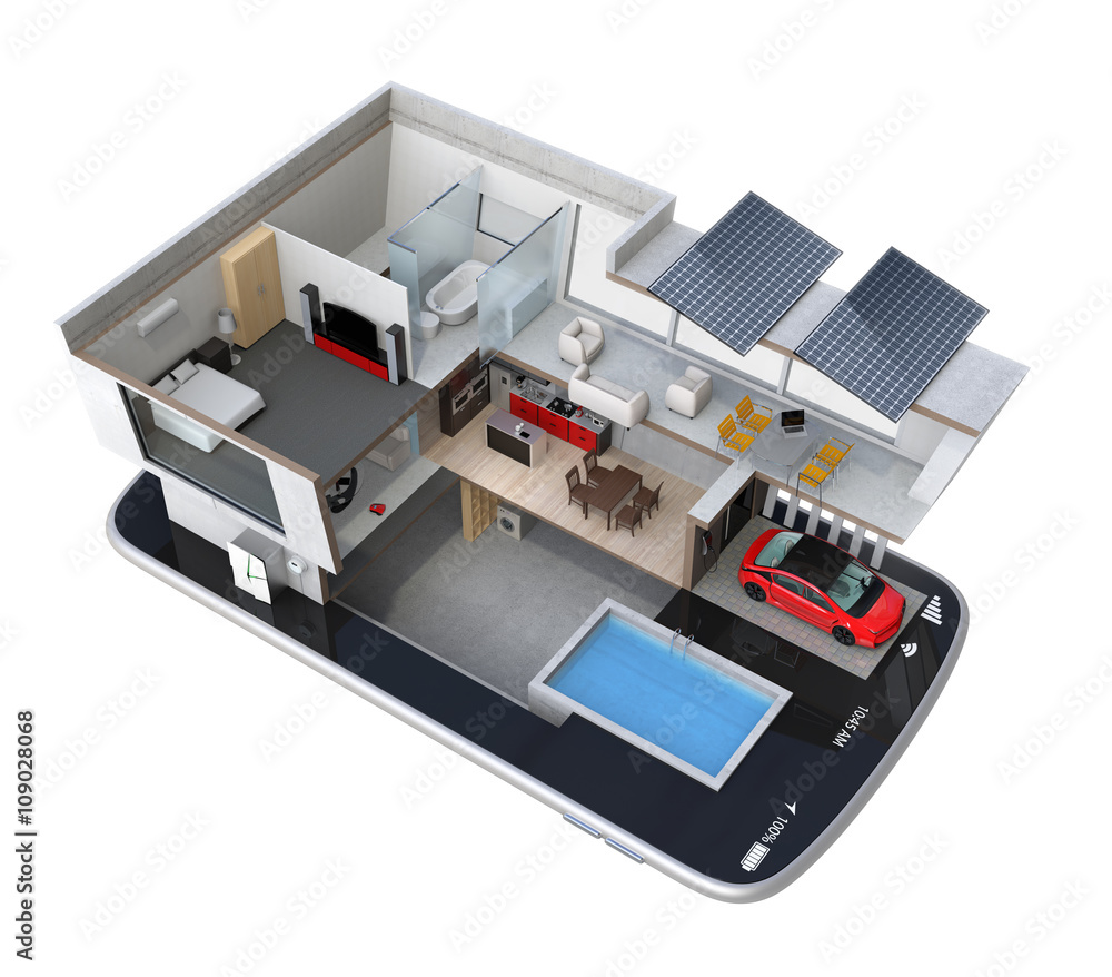 Aufkleber energy-efficient house equipped with solar panels, energy saving appliances on a smart phone. automa