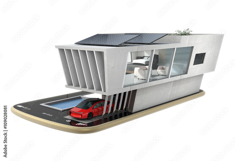 Aufkleber energy-efficient house equipped with solar panels, energy saving appliances on a smart phone. automa