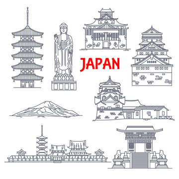 Famous travel landmarks of Japan thin line icon