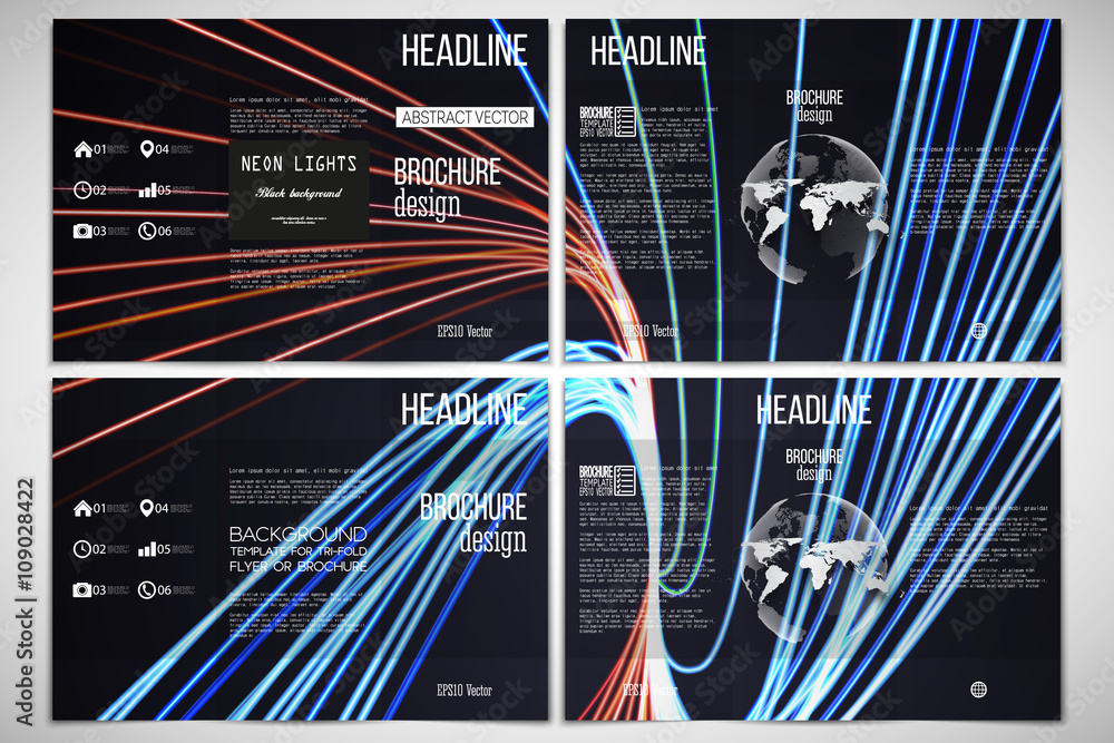 Poster set of tri-fold brochure templates on both sides with world globe element. abstract lines background